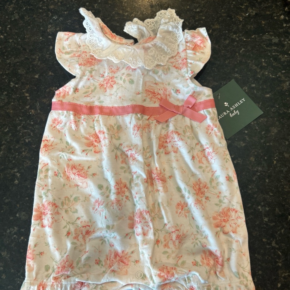 Laura Ashley Floral Romper with Pink Bow